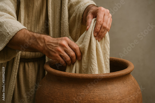 Close-up of a man in ancient robes washing a cloth in a clay pot. Biblical scene representing humility and service. Historical depiction of Jesus