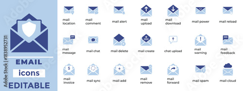 Email and Messaging Icons Communication, Mail Security, Inbox, Notification, Cloud Mail Vector Set