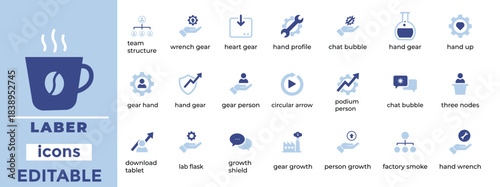 Labor and Industry Icons Workforce, Engineering, Productivity, Teamwork, Factory, Growth Vector Set