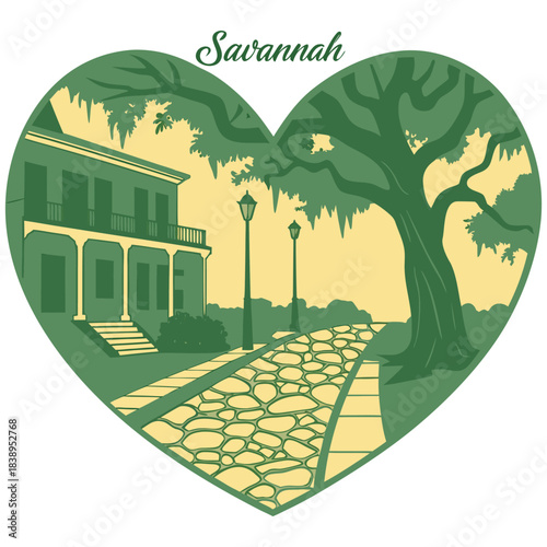 Savannah Street Lamps and Moss Tree – Heart-Shaped Southern Poster
