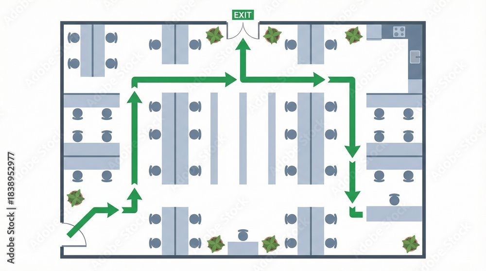 Fototapeta premium Office evacuation route floor plan showing emergency exit pathways directional arrows and escape directions for workplace safety and disaster preparedness