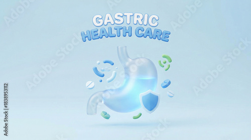 Gastric health care medical illustration with stomach organ pills shield and bacteria icons for digestive system treatment and wellness