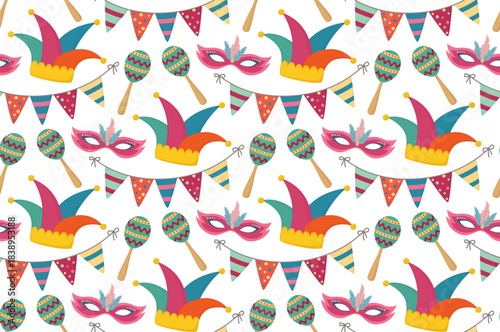 Seamless background with jester hat, masquerade mask, garland and maracas. Pattern with carnival objects