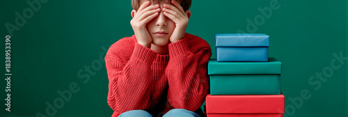 A shy boy in a red sweater covers his eyes while sitting beside a colorful stack of gift boxes, conveying anticipation and playful suspense.