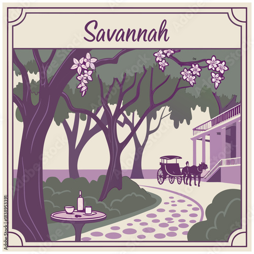 Savannah Mansion and Carriage – Purple Southern Romance Poster