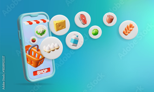 Marketplace app service 3D cartoon plastic style, realistic vector shopping basket with food products, online shopping