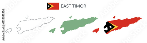 East Timor geographical borders isolated on white background. Flag of East Timor. Vector flat cliparts.