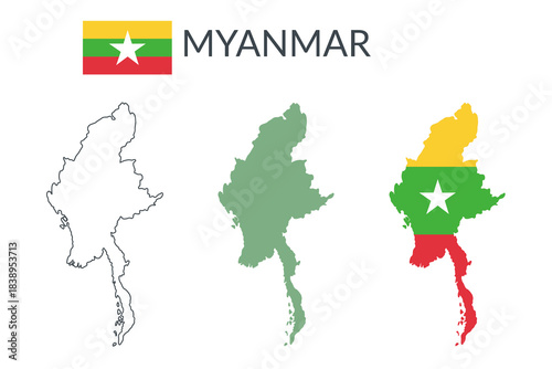 Myanmar geographical borders isolated on white background. Flag of Myanmar. Vector flat cliparts.