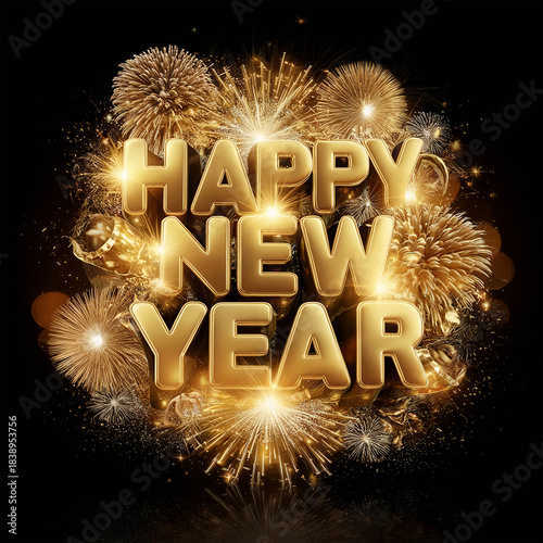 happy new year text illuminated by dazzling fireworks and sparkling lights on a dark background