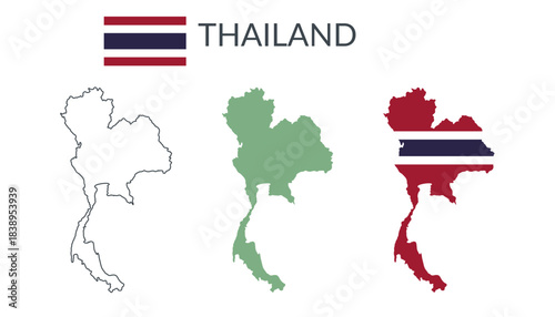 Thailand geographical borders isolated on white background. Flag of Thailand. Vector flat cliparts.
