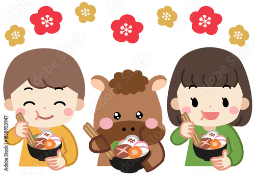 お正月に雑煮を食べる馬と子供のアイコンイラスト素材　meal