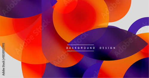 Abstract fluid shapes overlap. Vibrant orange, purple, red hues blend. Modern design elements create dynamic composition.