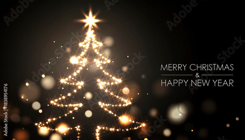 Sparkling golden christmas tree outline with festive holiday lights and new year wishes