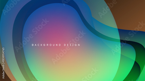Abstract fluid shapes overlap, creating vibrant color gradients. Design features blue, purple, green hues on dark background.