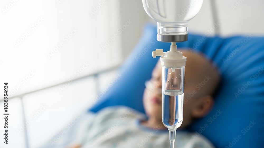 Fototapeta premium Pediatric patient undergoing IV therapy in a hospital room setting