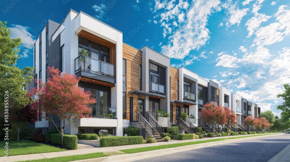 Fototapeta premium Modern multi-family residential townhouses with contemporary architecture, vibrant landscaping, and bright blue sky