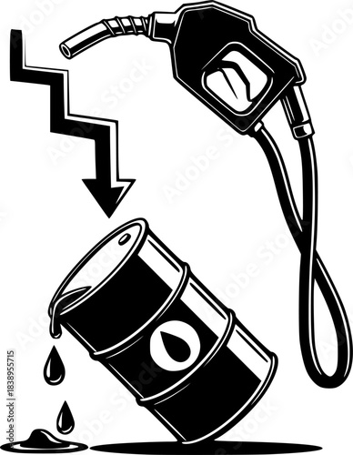 Oil price decline fuel pump drop gasoline barrel cost reduction vector illustration	
