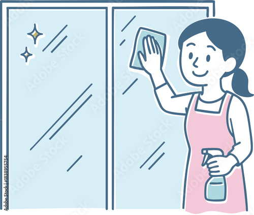 窓拭きをしているママのイラスト