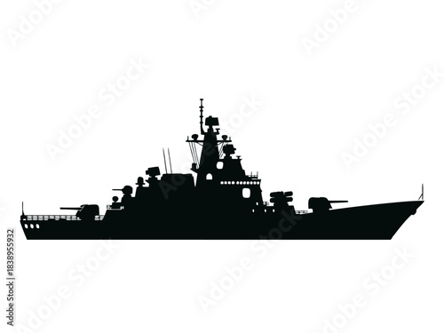 Silhouette of a large modern warship, possibly a cruiser or destroyer, depicted in profile against a white background.