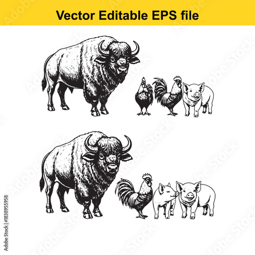  farm animals bison and pigs, vector editable eps file