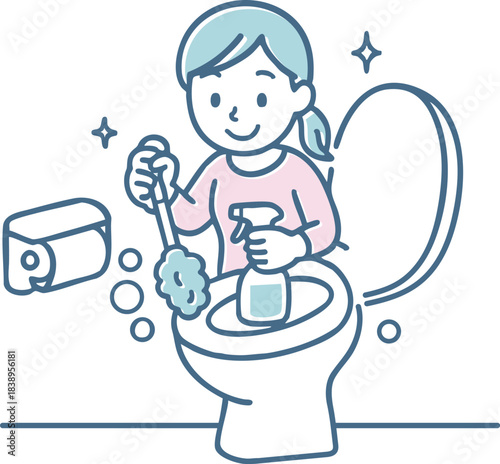 トイレ掃除をしているママのイラスト