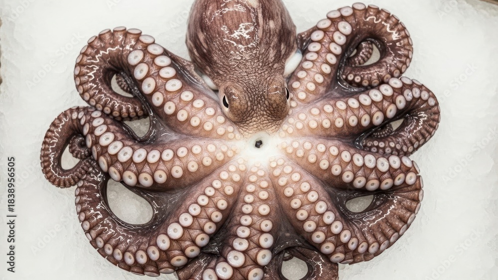 Obraz premium Fresh raw octopus on ice. Seafood market display. Gourmet delicacy for cooking, restaurant menu, or healthy diet concept.