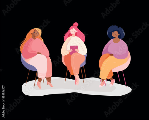 Group therapy session with diverse plus size women – mental health support and teamwork illustration