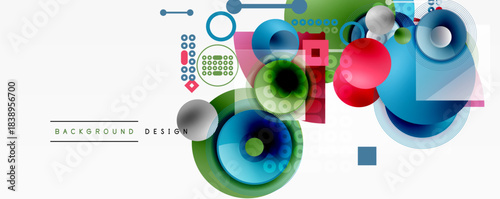Abstract colorful design features overlapping circles, squares, lines. Modern geometric composition creates dynamic visual effect.