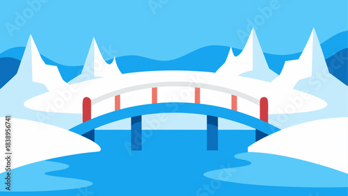 Bridge over water with snowy mountains view