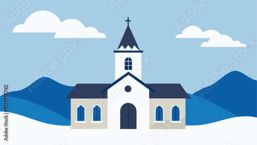 Illustration of a church with mountains