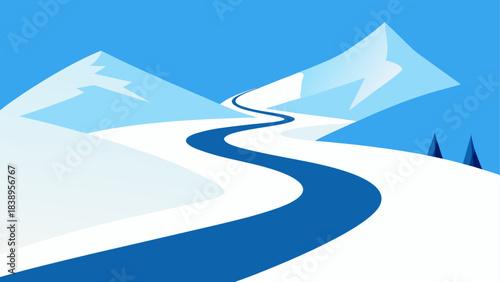 A winding river through snowy mountains