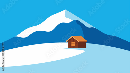 Cabin in snowy mountains with blue sky art