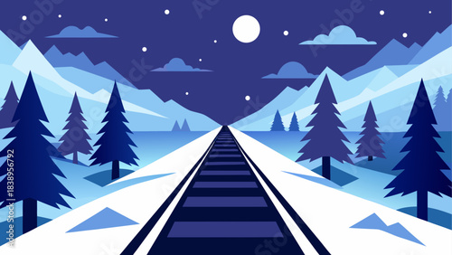 Winter landscape with railroad and trees