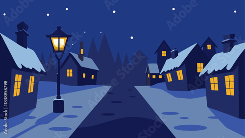 Night scene with houses and snow covered