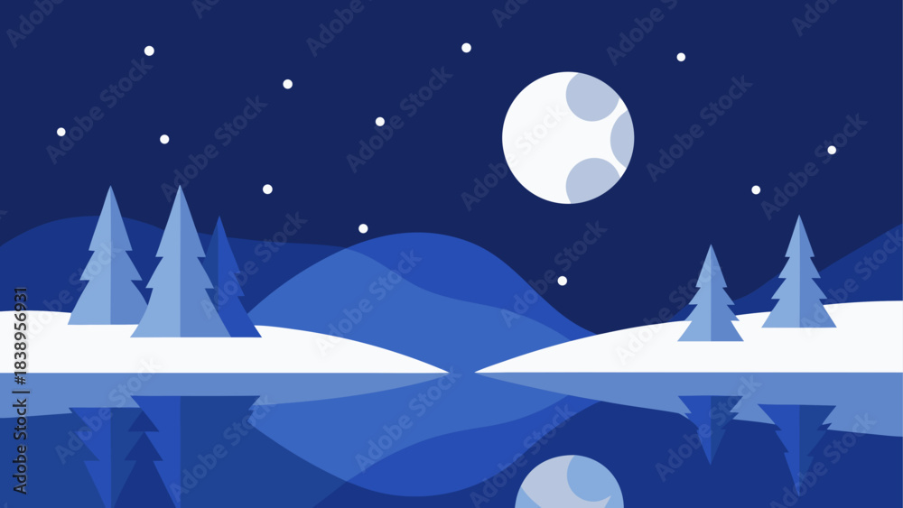 Naklejka premium A serene Christmas winter night landscape illustration featuring a snowy forest under a blue moonlit sky with glowing stars and festive holiday decorations for a seasonal xmas card design