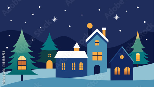 A vector illustration of a moonlit winter landscape featuring a Christmas village with a castle, houses, and snowy trees under a starry night sky
