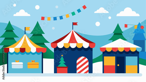 Winter market with festive tents and trees