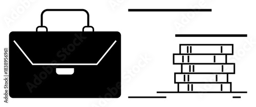 Black briefcase and books illustration symbolizing work-life balance, career growth, or study. Ideal for career planning, education, business management, leadership, strategy, professional learning