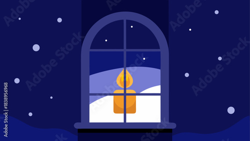 Candle burning in a window at nighttime