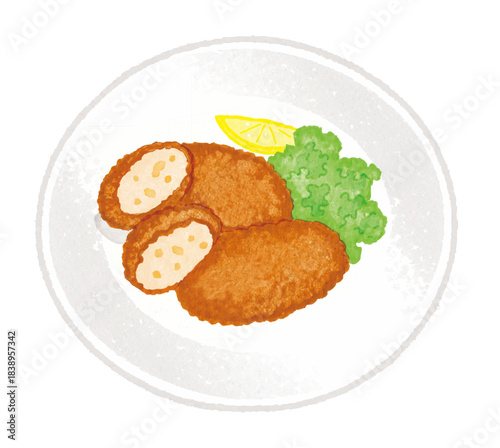 クリームコロッケの盛り付けイラスト（手描き風の洋食メニュー）