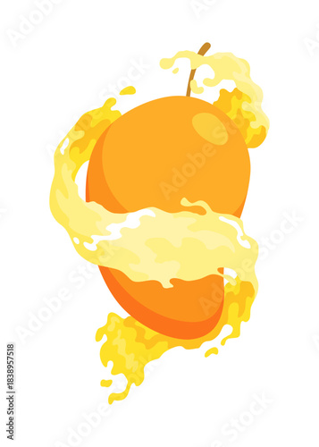 Mango fall into impact with mango juice causing a wide splash of water, isolated on white background for make fruit juice advertisements concept