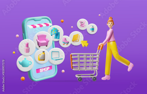 Online shopping with a female character, a shopping cart, and a smartphone loaded with products.
