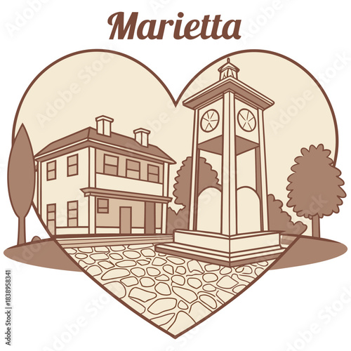 Marietta Clock Tower and Historic House – Retro Georgia Architecture Illustration