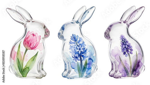 Transparent Glass Watercolor Bunnies with Spring Flowers
