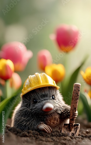 Maulwurf mit Bauhelm und Schaufel in der Pfote schaut aus der Erde, umgeben von Blumen