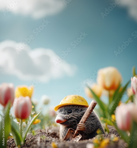 Niedlicher Maulwurf mit Bauhelm und Schaufel inmitten von Blumen