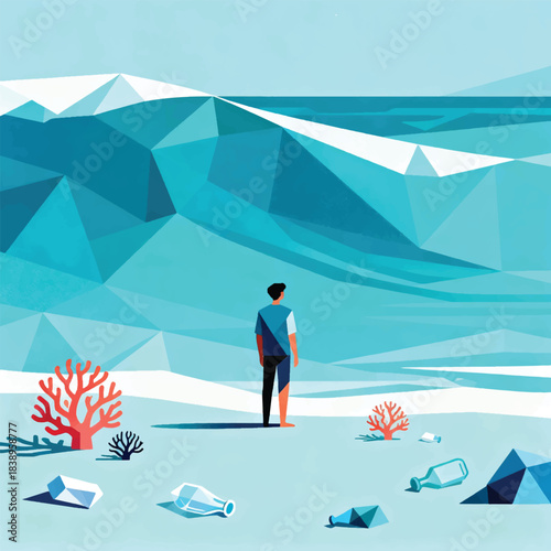 Illustration Of A Person On The Seashore, Waves, Coral Reefs, Plastic Waste Vector Design Template
