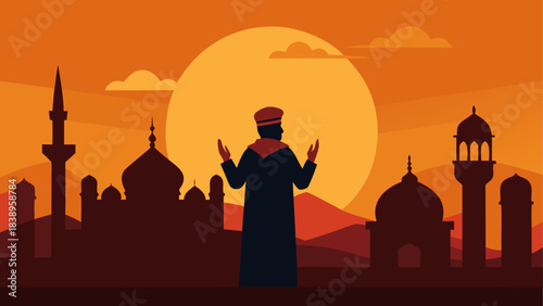 Silhouette of man praying at sunset time