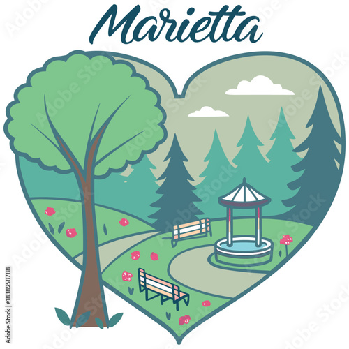 Marietta Park with Gazebo and Trees – Heart Shape Retro Georgia Illustration