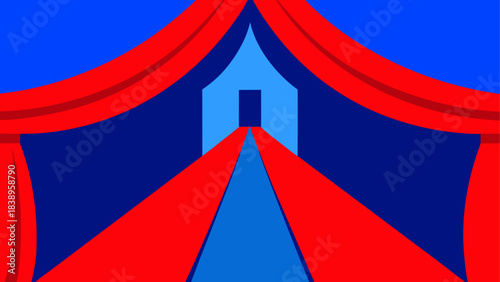 Red curtains framing a blue structure